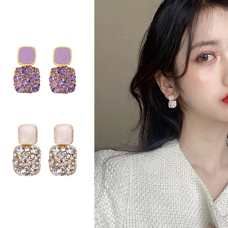 

Purple Square Stud Earrings Simple and Delicate Geometric Square with Diamonds S925 Silver Needle Earrings Female Neon Jewelry