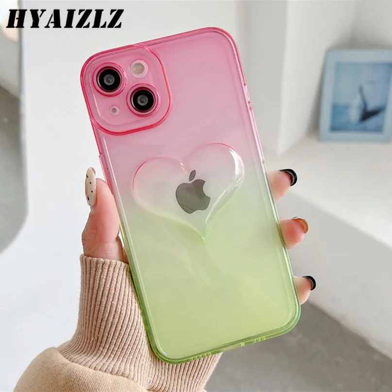 

3D Stereo Love Heart Gradient Transparent Phone Case for iPhone 13 Pro Max 11 12 Cute Soft TPU Shockproof Protection Back Cover