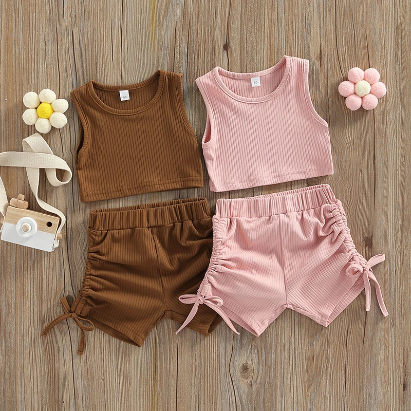 

Summer Toddler Girls Outfits Solid Color Round Neck Vest + Drawstring Shorts 2pcs Clothes Sets Fashion Casual Suit