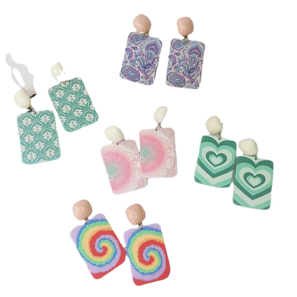 

Fashion Mint Green Fresh Rectangular Print Sweet Acrylic Earrings Super Fairy Holiday Wind For Women Girl New Ear Stud Jewelry