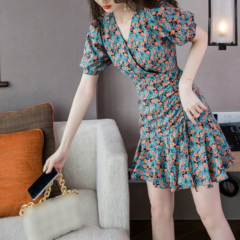 

Women Summer Puff Short Sleeve Floral Print Slim Fitted Mini Dress Sexy Wrap V-Neck Empire Waist Side Ruched Drawstring Ruffles
