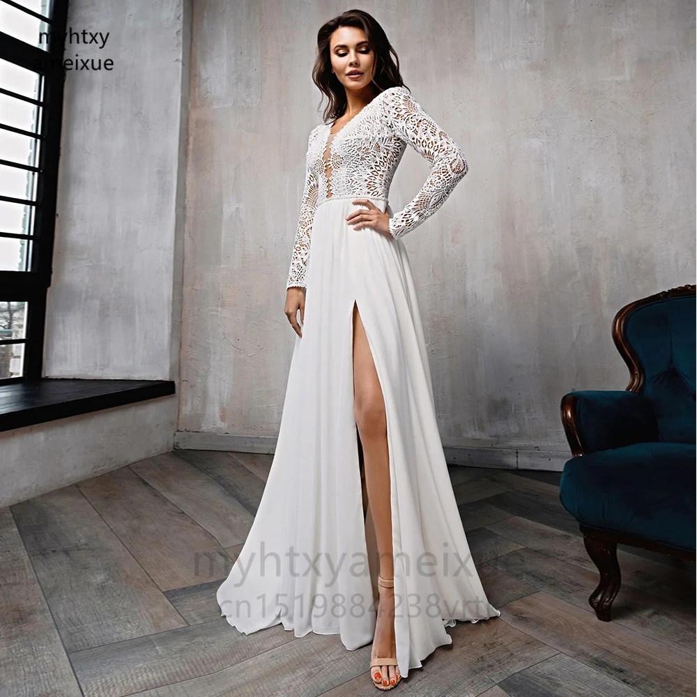 

Sexy Long Sleeve V-neck Wedding Dresses 2022 Side Slit Lace Chiffon Sweep Train Backless Bridal Gown Vestidos De Noiva Plus Size