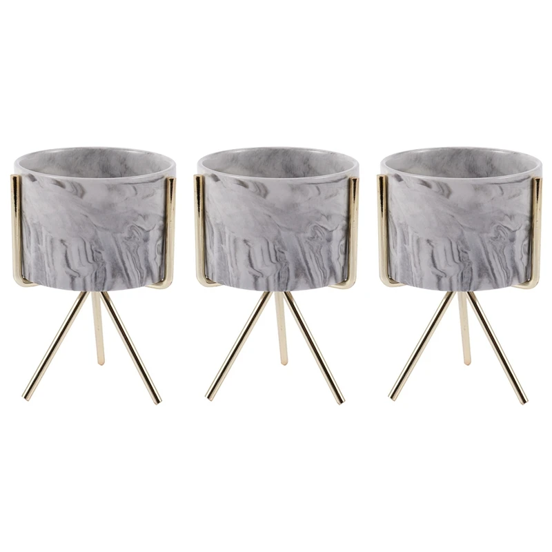 

3X Nordic Home Minimalist Style Marble Vase Wrought Iron Tabletop Succulent Flower Pot Gold + White Ceramic S