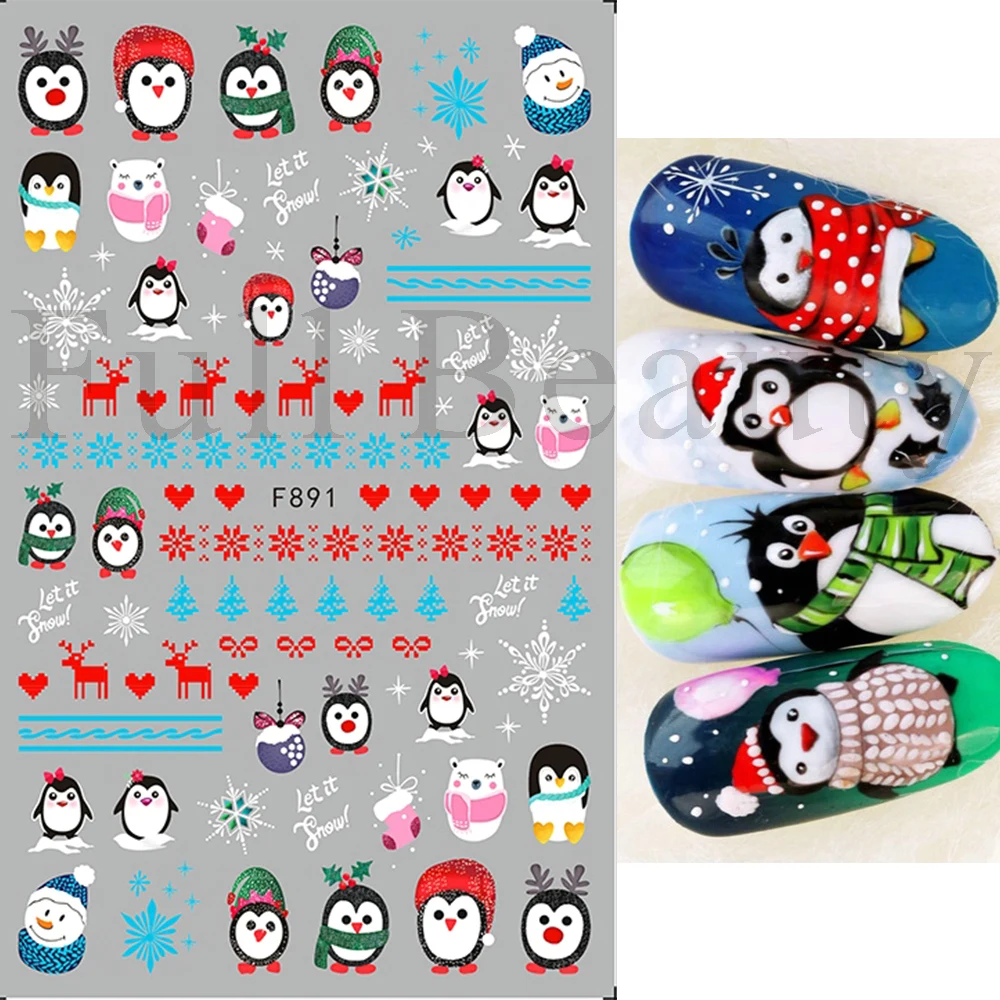 

Christmas Nail Stickers Penguin Santa Claus Elk Tree Deer Bears Cartoon Sliders White Snowflakes Decals Nail Art Decorations