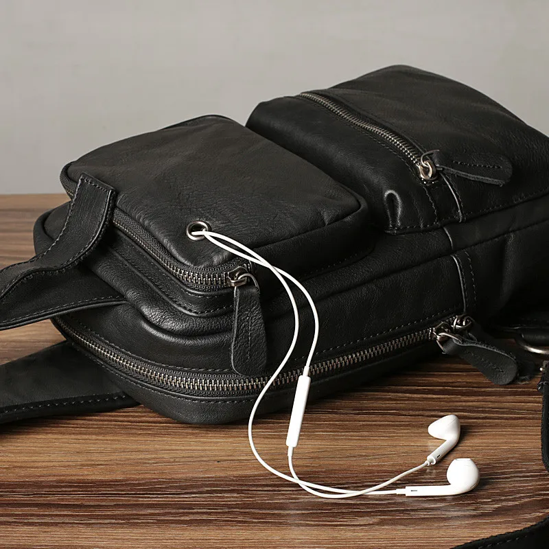 Casual high-quality first-layer cowhide men's black chest bag fashion outdoor luxury natural soft genuine leather crossbody bag