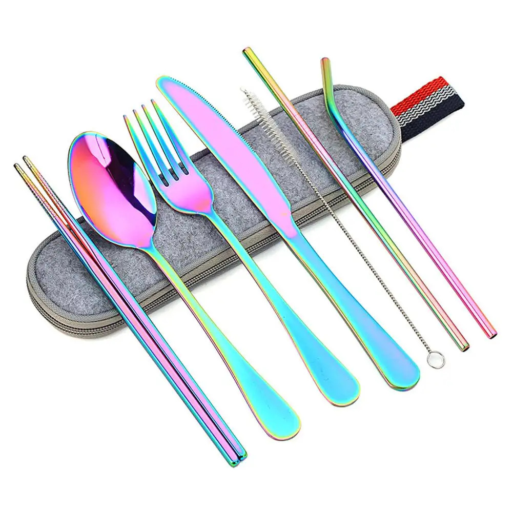 

8pcs Outdoor Cutlery Set 304 Stainless Steel Spoon Fork Chopsticks Juice Straw With Bag Dinnerware Kitchen Accessories