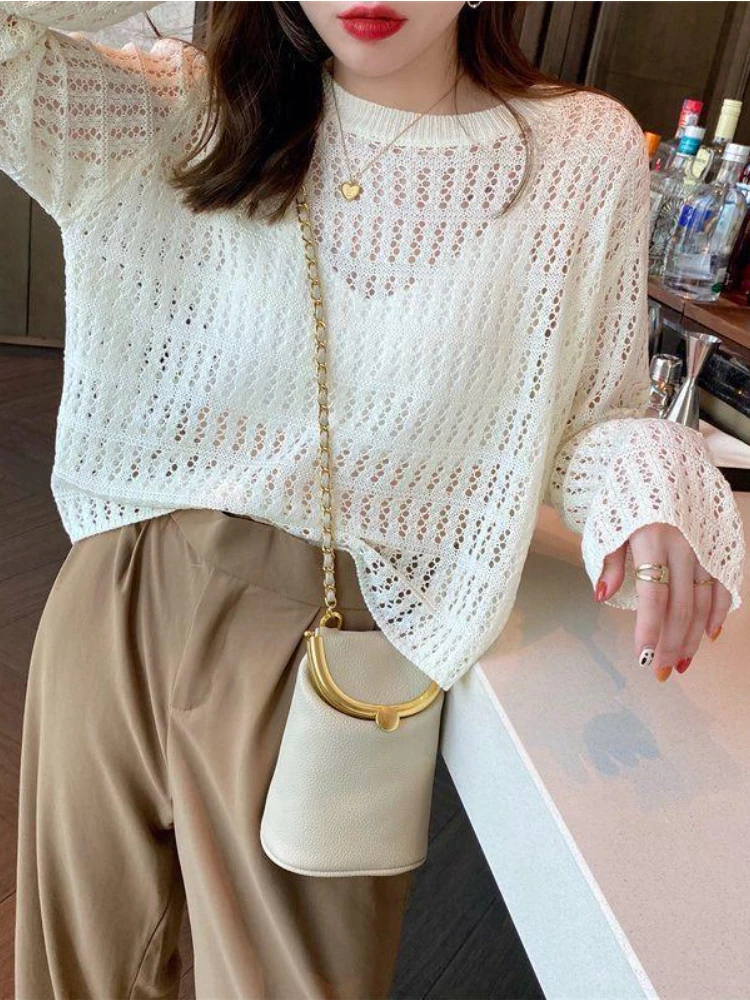 

Women's Sweater Thin Pullovers Spring Summer New Korean Fashion Pure Color Hollow Out Knitwears Outer Wear Tops Female Clothing