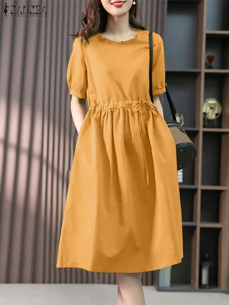 

Модный женский сарафан с оборками ZANZEA, повседневное свободное платье с коротким рукавом, женское однотонное платье до середины икры, летние платья с круглым вырезом