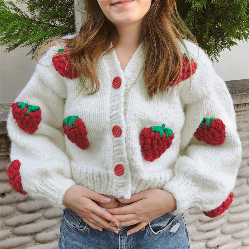 

2021 Autumn and Winter New Women's Fashion Design Single-breasted V-neck Knitted Cardigan Strawberry Long-sleeved Sweater Women