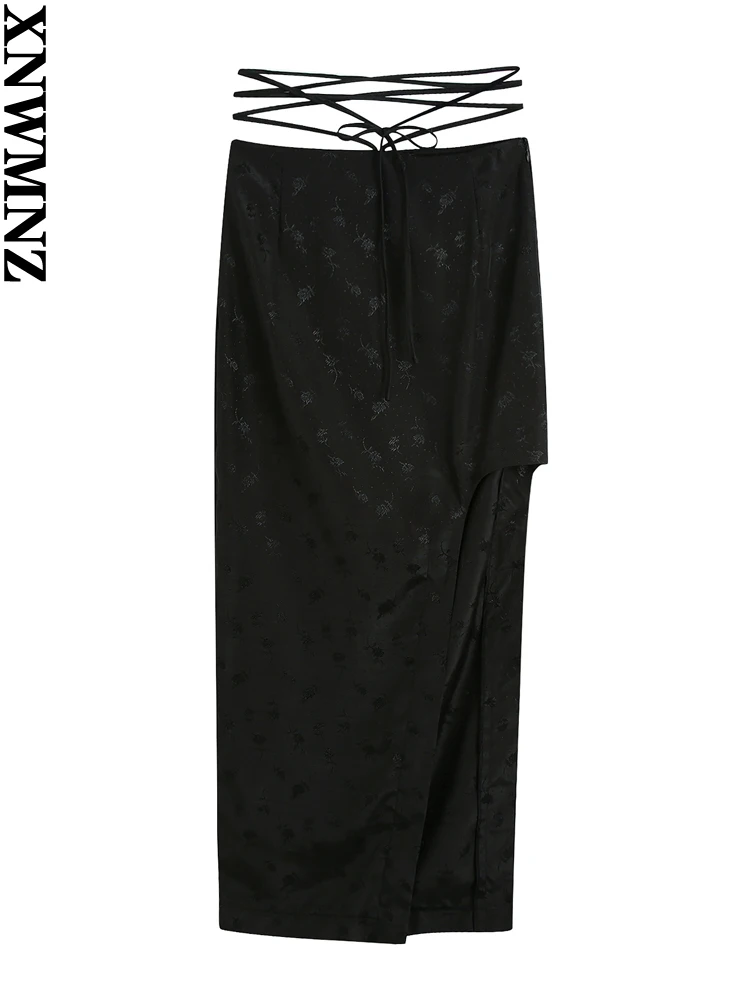 

XNWMNZ 2022 Women Fashion Floral Jacquard Midi Skirt Woman Retro High Waist Lace Up Knotted Side Slit Zipper Female Chic Skirt