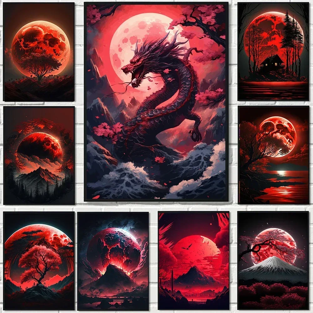 Nagarjuna Красная Луна огонь Искусство Холст Живопись настенный Пейзаж Плакат Печать