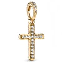 authentic 925 sterling silver moments gold sparkling cross with crystal dangle charm fit pandora bracelet necklace jewelry