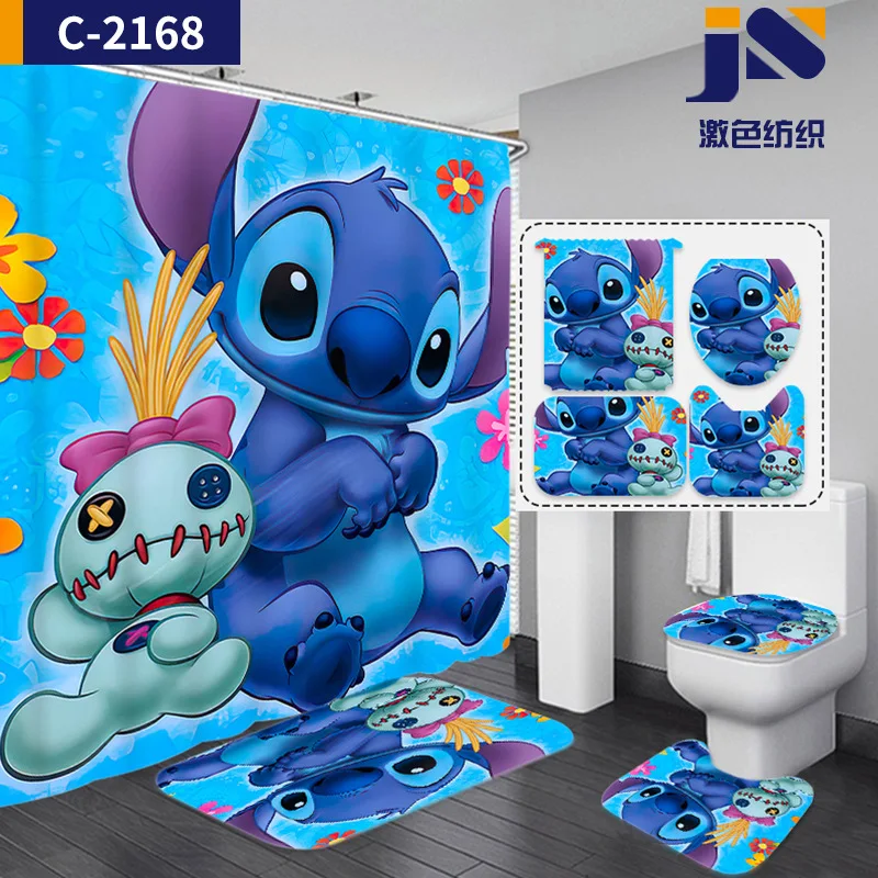 

Disney Stitch Bathroom Curtains Shower Curtain Set for Bathroom Cartoon Ornate Bath Rug Decor 180x180cm 4pcs