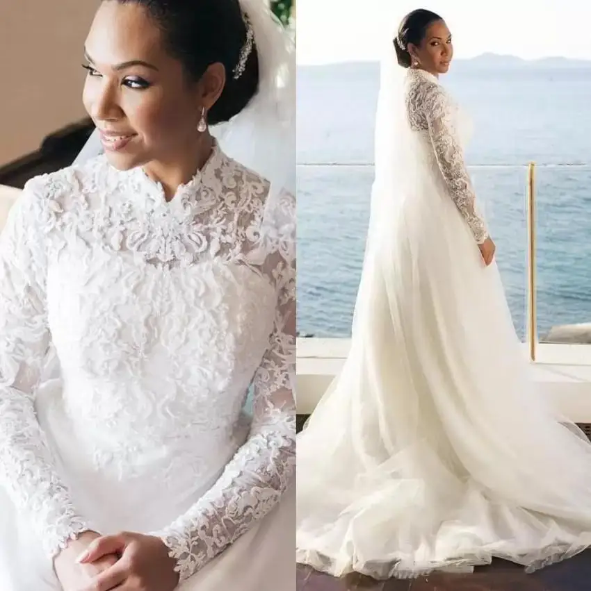 

Stunnign High Neck Robes de Mariage Wedding Dresses Sweep Train Lace Appliques Plus Size Long Sleeves Bridal Gowns