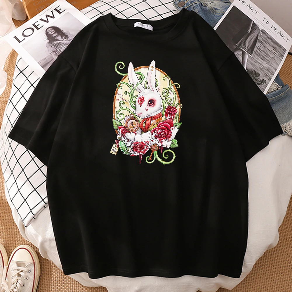 

Хлопчатобумажная классическая женская футболка с принтом кролика и дырками Cottagecore, дышащие летние крутые топы, мягкие повседневные футболк...