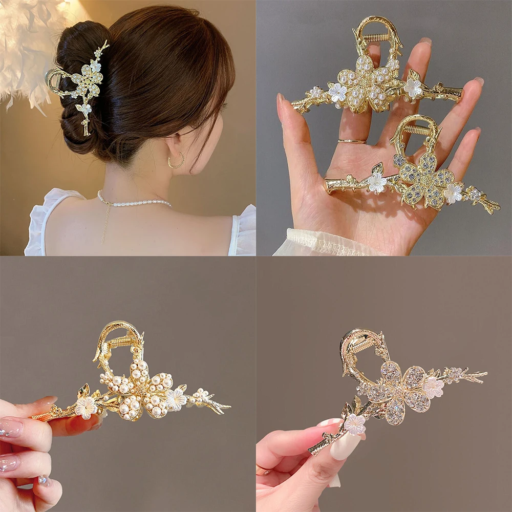 Заколка-краб женская с искусственным жемчугом элегантный металлический зажим