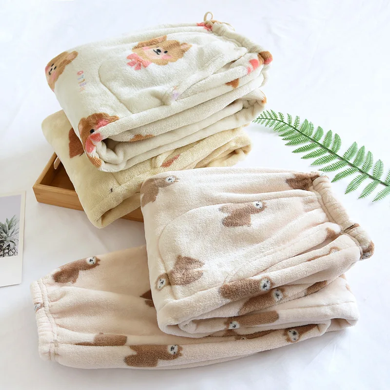 

Повседневные свободные штаны для сна, женская зимняя плотная теплая фланелевая одежда для отдыха, штаны, Симпатичные Мультяшные пижамные ш...