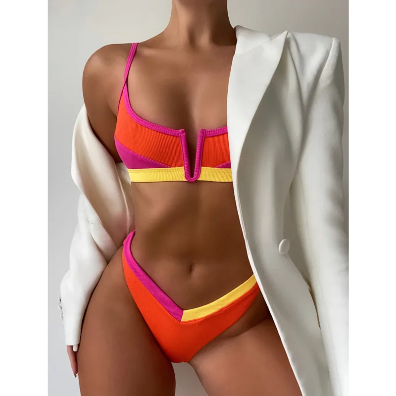 

Rib Bikini Vintage Bikini Woman Swimwear Sexy V-bar Thong Micro Swimsuit Patchwork Bathing Suit Women Biquini Summer Beach 2022