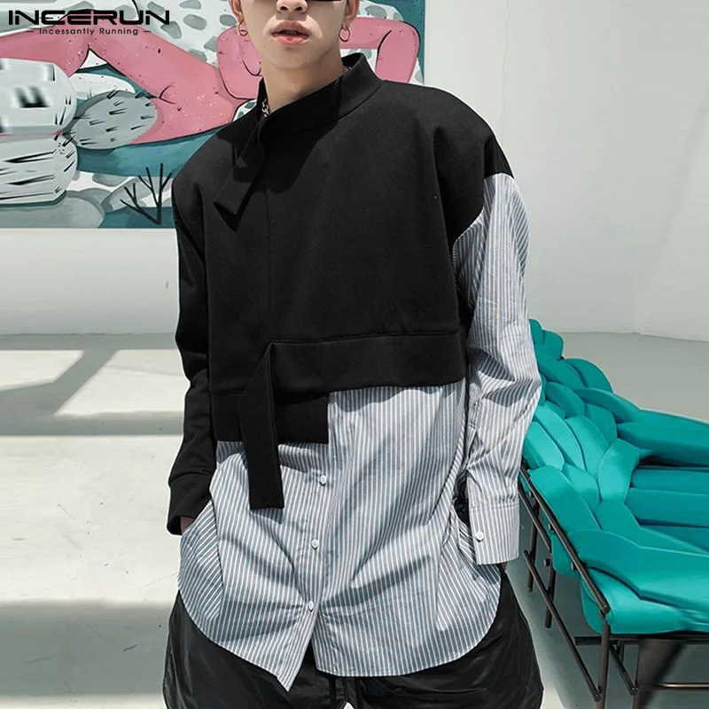 

INCERUN Men Shirt Striped Patchwork Stand Collar Long Sleeve 2022 Casual Men Clothing Personality Streetwear Loose Camisas S-5XL