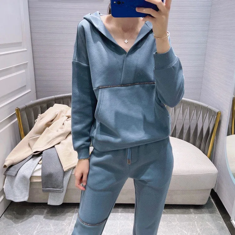 

Luxury 3 Color Pants Set for Women Top Quality 3D Cut Long Sleeve Hooded Sweatshirts with Elastic Waist Slim Pants Lady Spring
