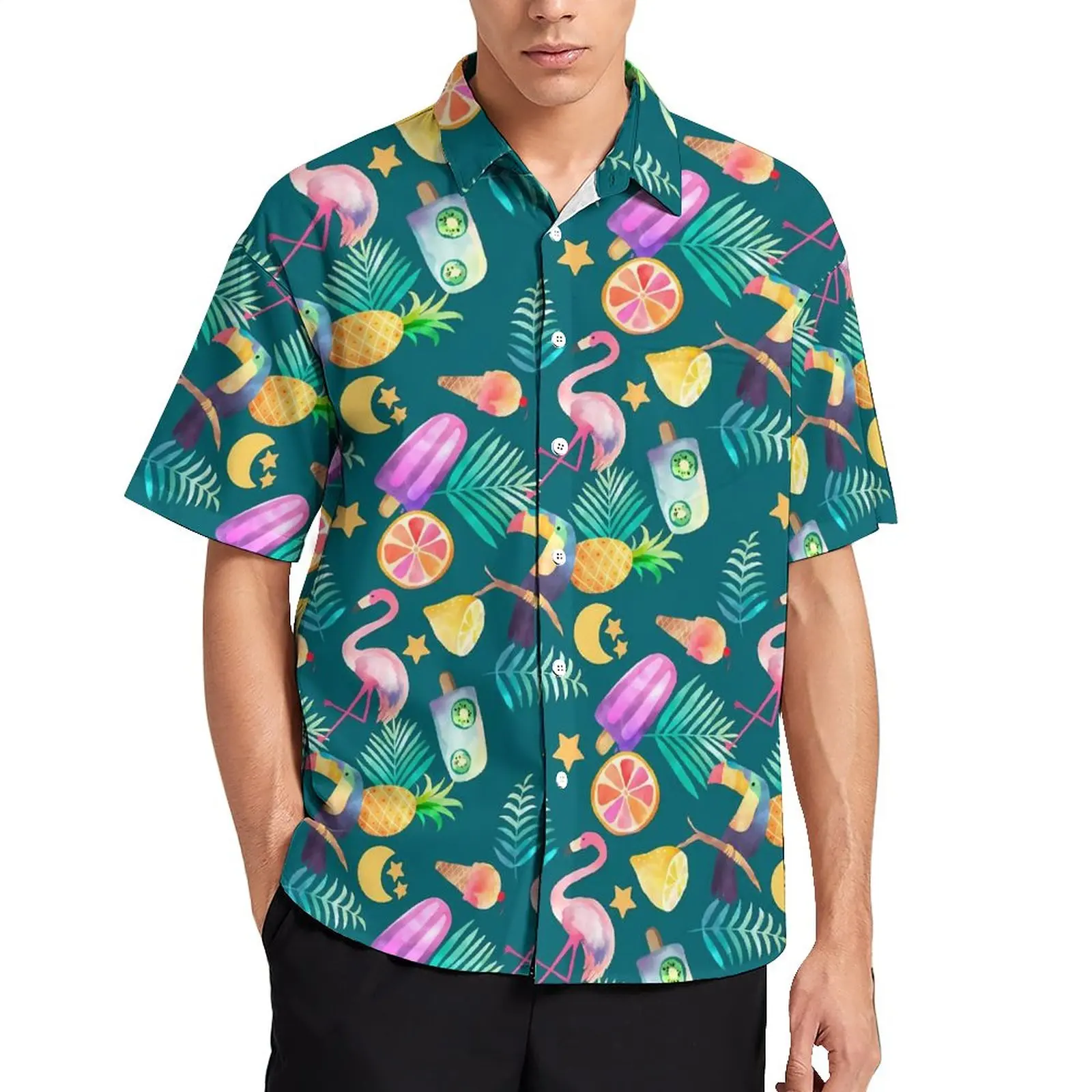 

Fun Tropical Birds Casual Shirt Green Leaf Print Vacation Loose Shirt Summer Fashion Blouses Short Sleeve Printed Oversized Tops