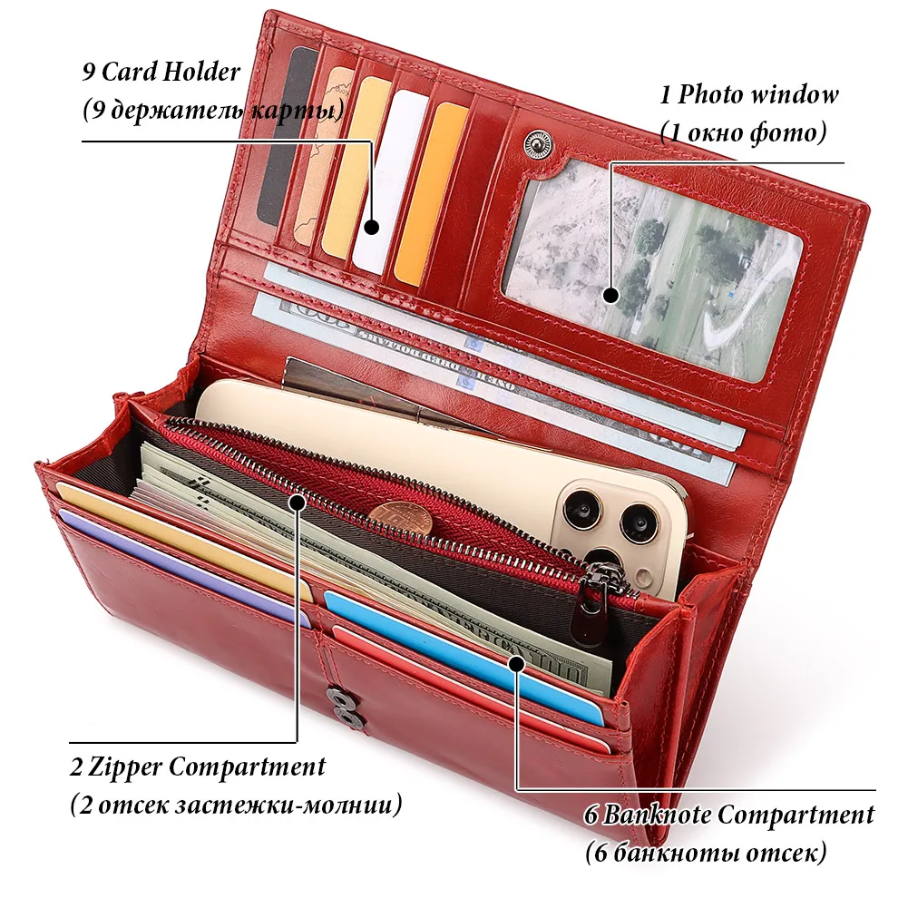 Free Engraving Wallets Genuine Leather Women Long Purse RFID Female Phone Clutches Capacity Handy Passport Wallet Card Holder