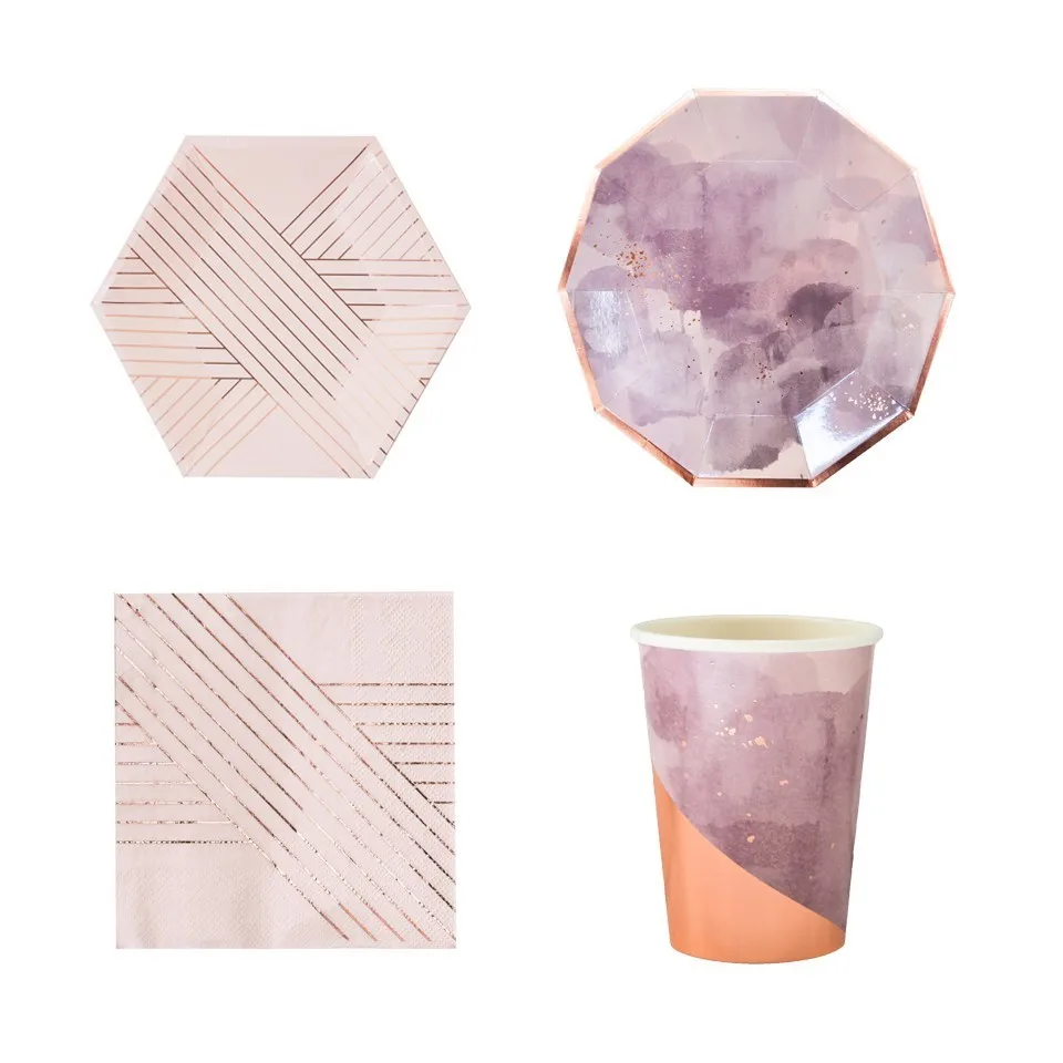 1 набор розовая бумага одноразовая посуда позолоченный полосатый стол Декор