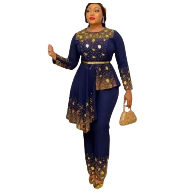 

2XL-5XL African Clothes for Women Summer African Women Long Sleeve O-neck Two Pieces Sets Top and Long Pant African Suit