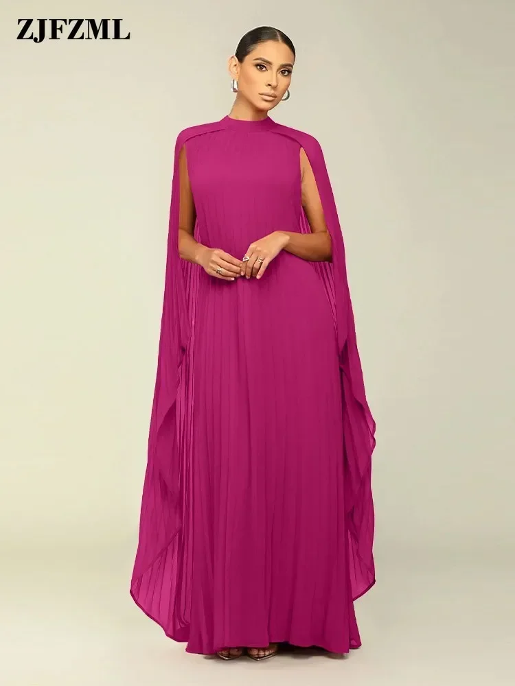 

Solid Color Mock Neck Press Pleated Chiffon Maxi Dresses Vacation Clothing for Women Full Sleeves Ruffle Side Long Flowy Vestido