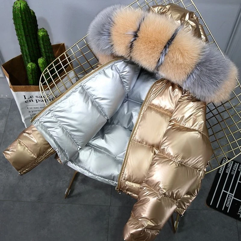 Fashion Gold Silver two-sided Wears Real Fur Collar Down Coat Winter Jacket Women Natural Fur Down Parkas Female Down Outerwear