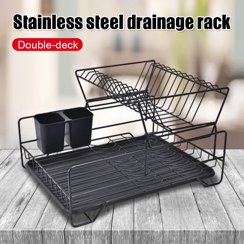 

Double Rows Stainless Steel Dishes Drying Rack With Drain Board For Kitchen Counter Dishes Rack With Utensil Holder Kitchen Tool