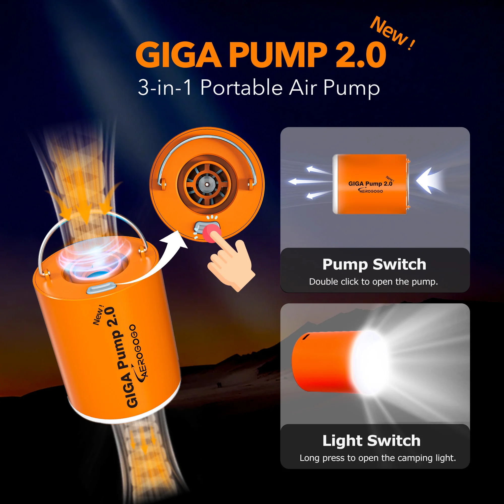 Новый портативный воздушный насос GIGA Pump 2 с кемпинговым фонарем — перезаряжаемый насос 4 кПа для надувных лодок, матрасов и поплавков для бассейна (art.: 3920cbc27ec6a) - 3920cbc27ec6a