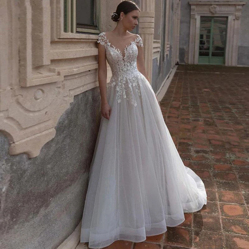 

Ramanda Cap Sleeve Wedding Dresses For Women 2023 Bride Lace Appliques A Line Bridal Gowns Backless Button Vestidos De Novia