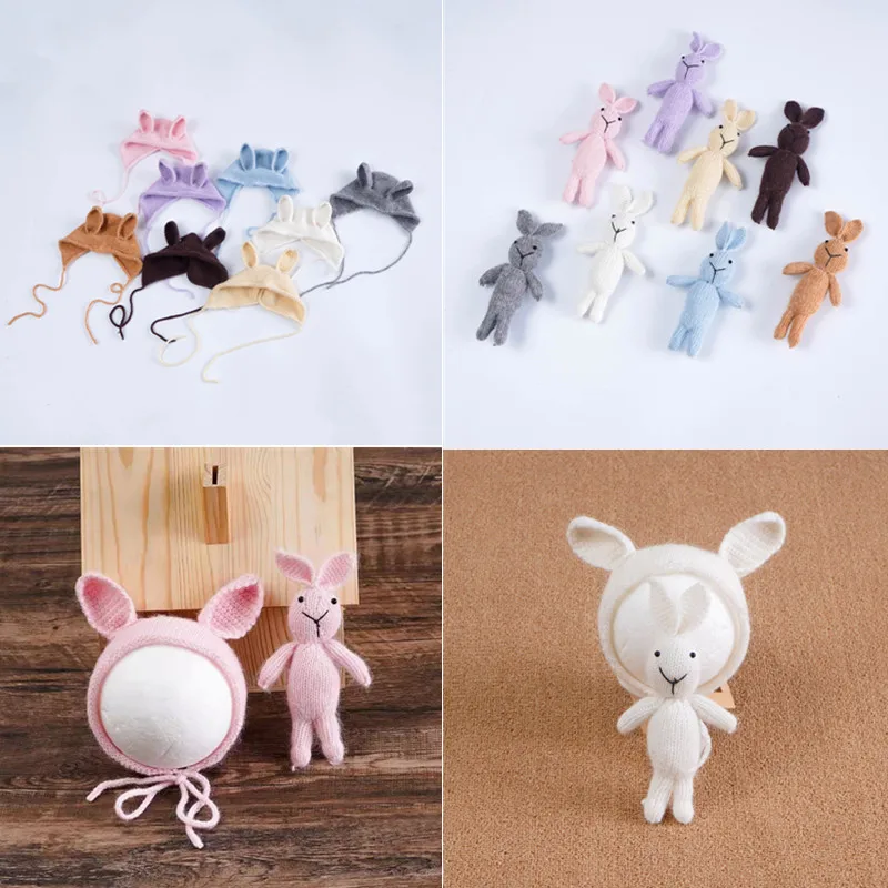Newborn Photography Props Knit Rabbit Hat+Doll 2Pcs/Set Studio Baby Photo Accessories Boys And Girls Shoot Crochet Costume