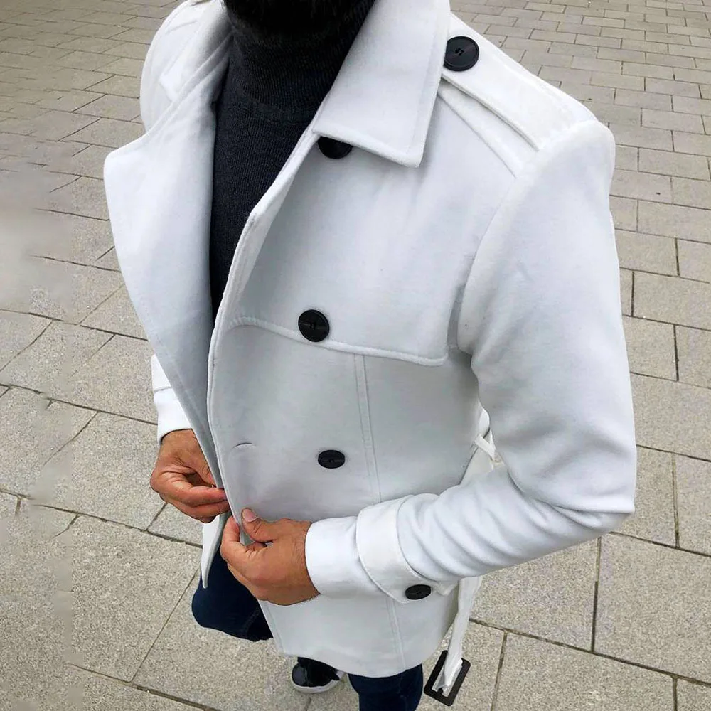 

Coat Men Top Fashion Wool Solid Color White Youth Slim Double Breasted Side Seam Pocket Windbreaker Street Business Casual 2022