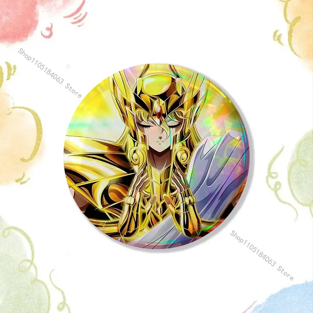 Фото Значок S-Saint Seiya Virgo Shaka для украшения рюкзаков и одежды, круглая жестяная брошь, забавный подарок на заказ для друга. №4