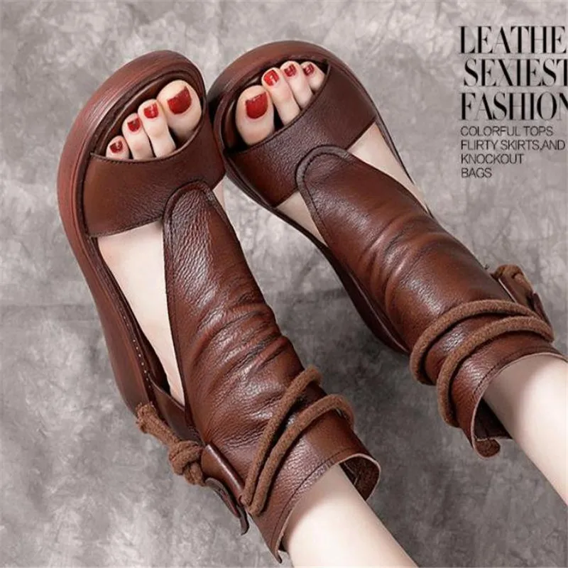 

Сандалии женские из натуральной кожи, босоножки на толстой подошве, дышащие удобные, обувь в римском стиле, лето