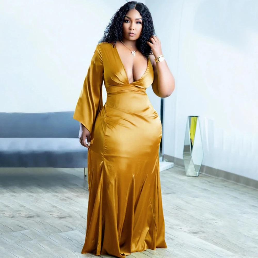 

African Long Dresses For Women V Neck One Sleeve Robes 2022 New Fashion Solid Color Slim Draped African Maxi Dress Vestidos