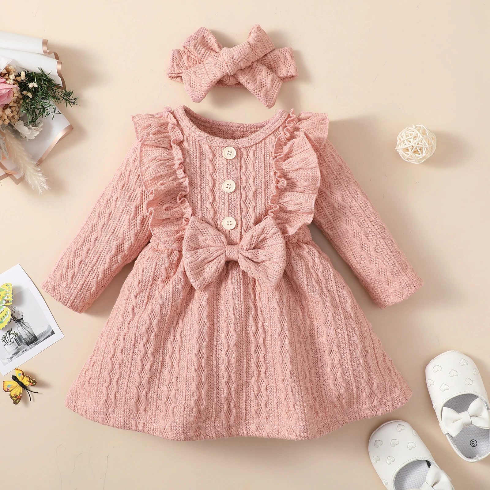 Kids Baby Girl Dress Casual Long Sleeve Dress Fashion Solid Color Round Neck Single-breasted Bow Knot Infant A-line Baby Dress