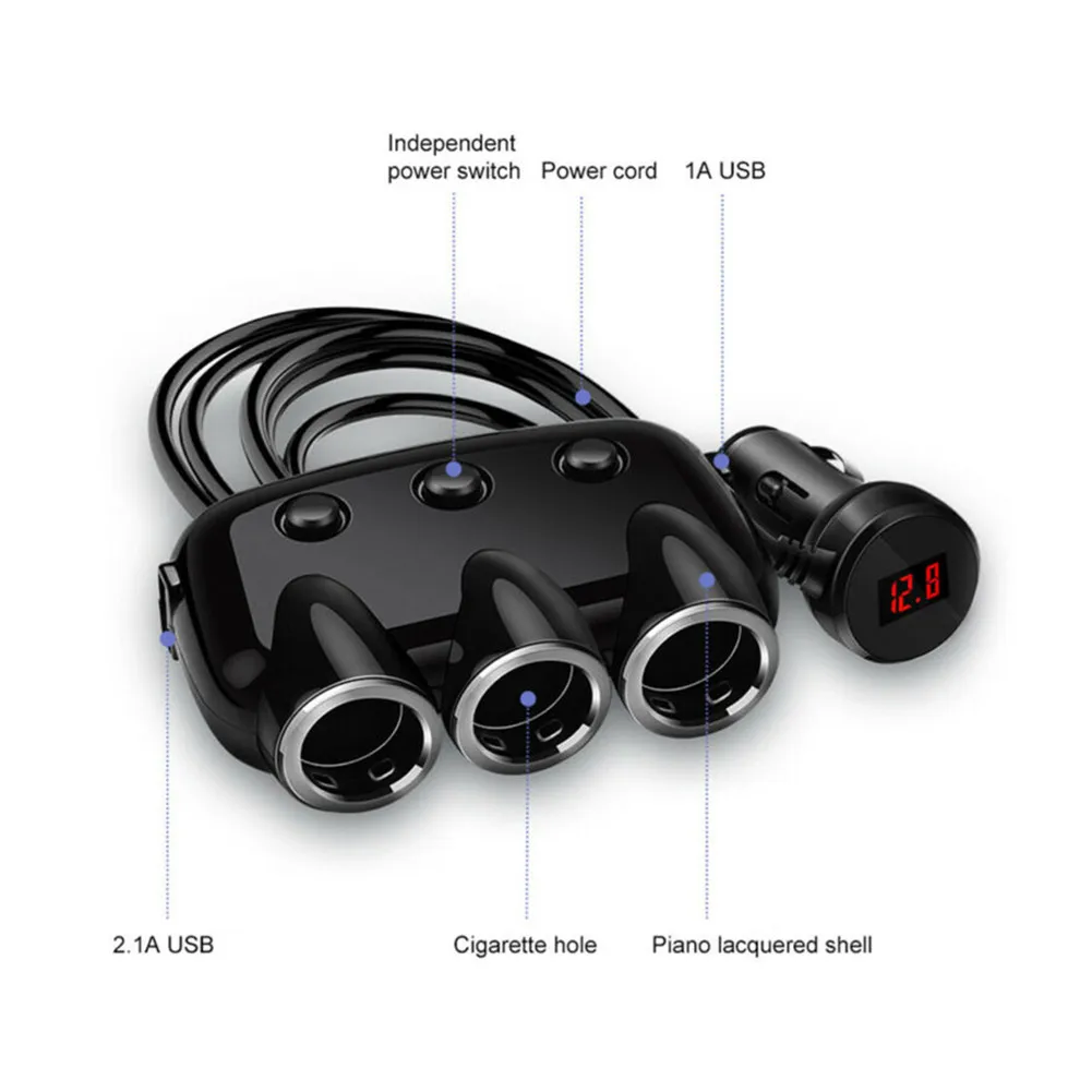 

3 Way Car Cigarette Lighter Socket Splitter Charger DC 12~24V Cigarette Lighter Socket USB Charger Adapter Plug Ports