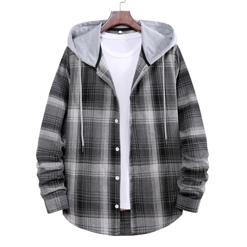 

Men Autumn And Winter Casual Plaid Print Shirt Long Sleeve Hooded Collar Korean Fashion Cardigan Blouses Loose Beachwear