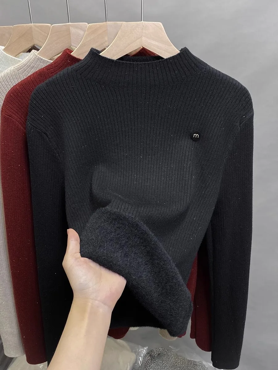 Однотонные яркие пуловеры свитера с воротником-стойкой флисовый теплый трикотаж