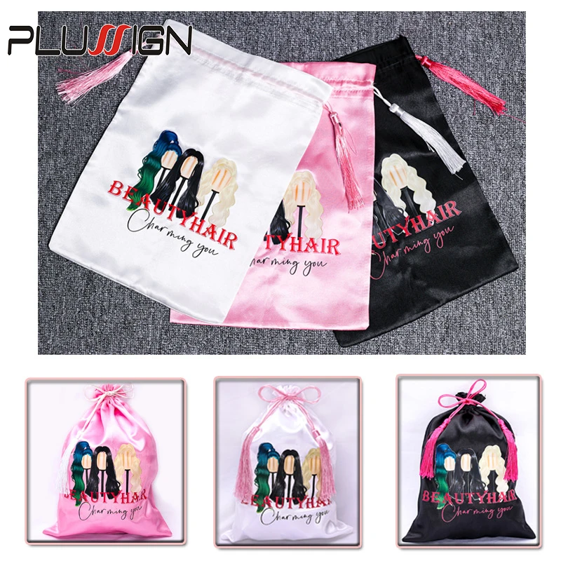 Plussign Silky Satin Storage Bag 5-6Pcs Portable Satin Bags With Drawstring Tassel For Packing Hair Extension Black Pink White
