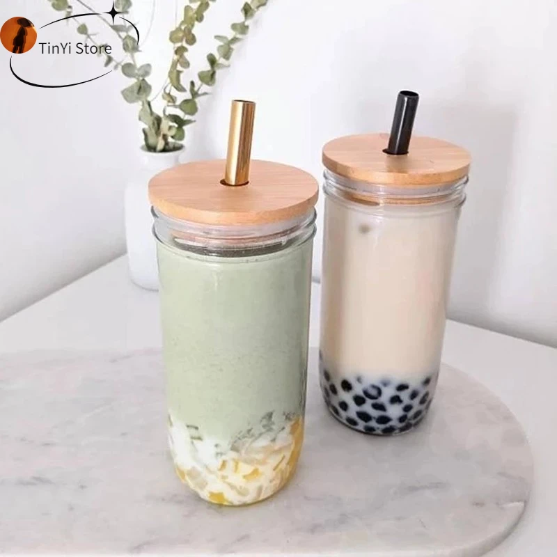 Mason Jars for Drinking Cup Bubble Tea Glass Cup with Bamboo