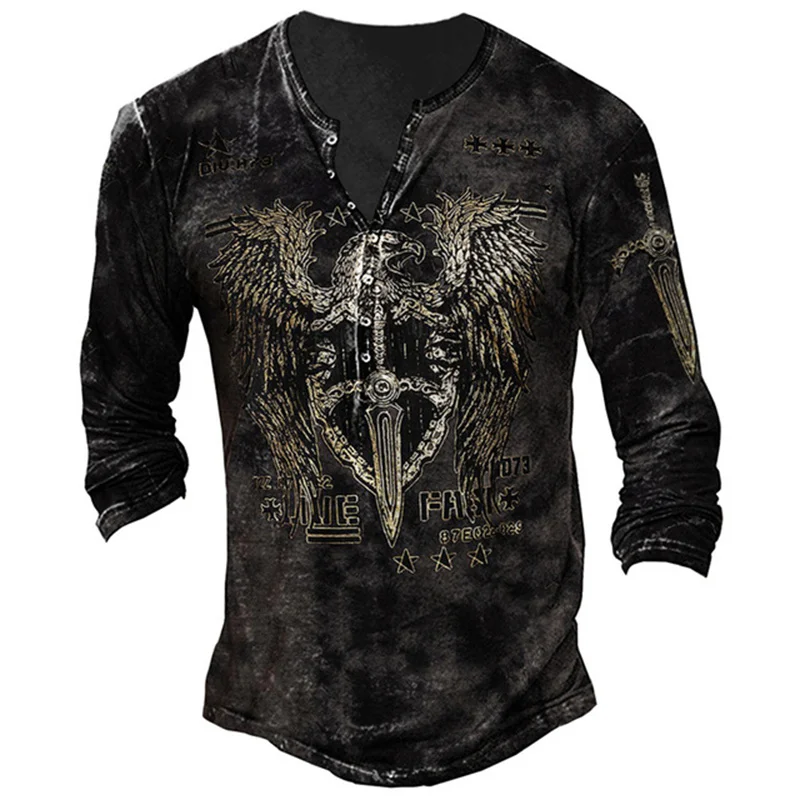 

Cotton T-shirt retro eagle 3D printed men's button T-shirt autumn punk style V-neck long sleeve oversized men's T-shirt 5XL