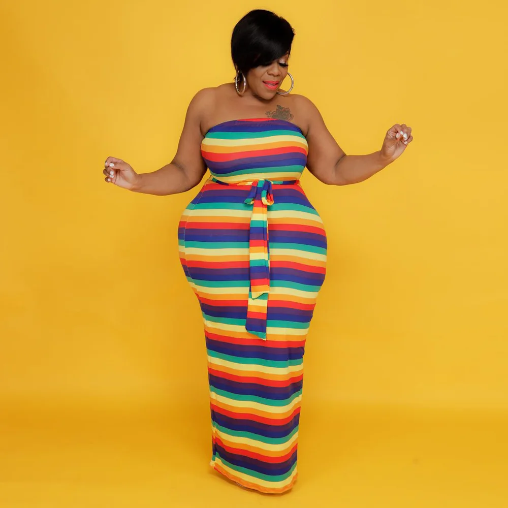 Plus Size Sets Striped Colorful Long Sleeve Long Coat and Wrapped Breast Skirt Slim Two Piece Set Women Dresses for Women 2022