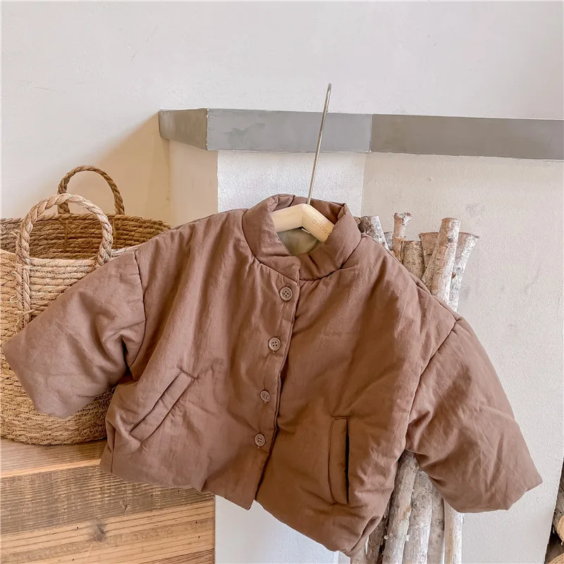

Зимняя Стильная верхняя одежда, корейские пальто с хлопковой подкладкой, теплые однотонные детские пальто унисекс, новинка, плотные детские пальто