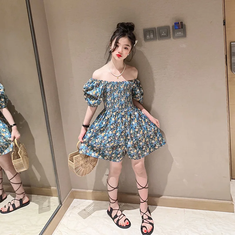 

Летние комбинезоны для девочек-подростков, винтажные, без бретелек, с цветочным принтом, с открытыми плечами, с пузырьковыми рукавами, с шир...