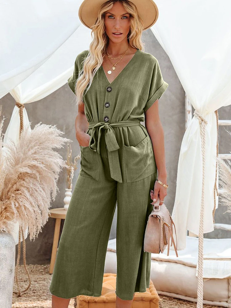 2023 Women's Jumpsuit Summer New Fashion Street Clothing Loose Casual V-neck Lace-up Pocket Button Pants Jumpsuit Women's Wear