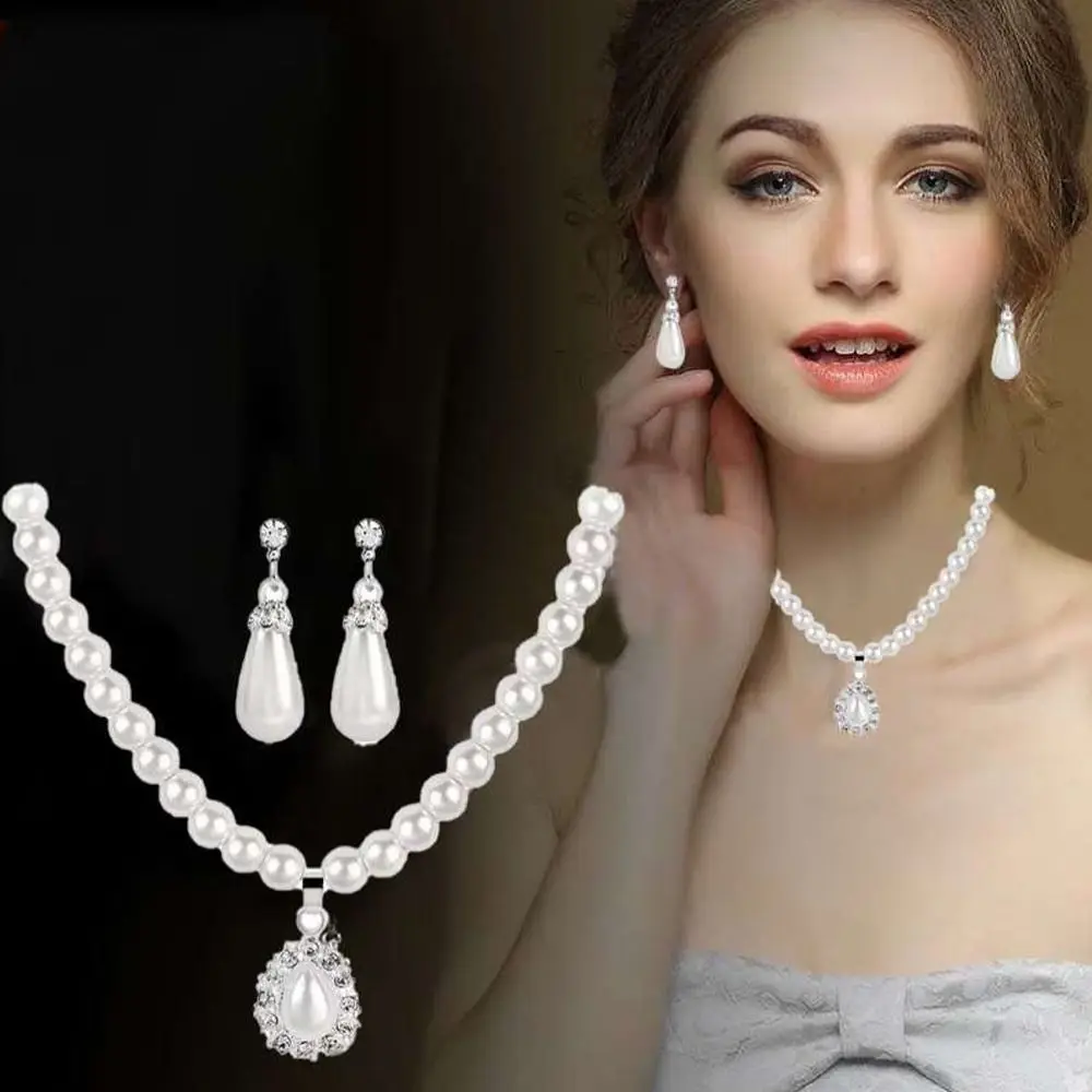 

Elegant Simulated-pearl Bridal Jewelry Sets Rhinestone Pearl Drop NECKLACE+EARRINGS Wedding Jewelry Sets for Women Gifts
